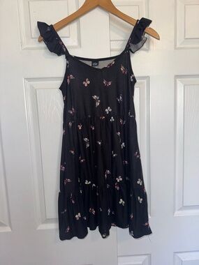 Black Butterfly Print Mini Dress Ruffle Strap Tiered Babydoll Flowy S